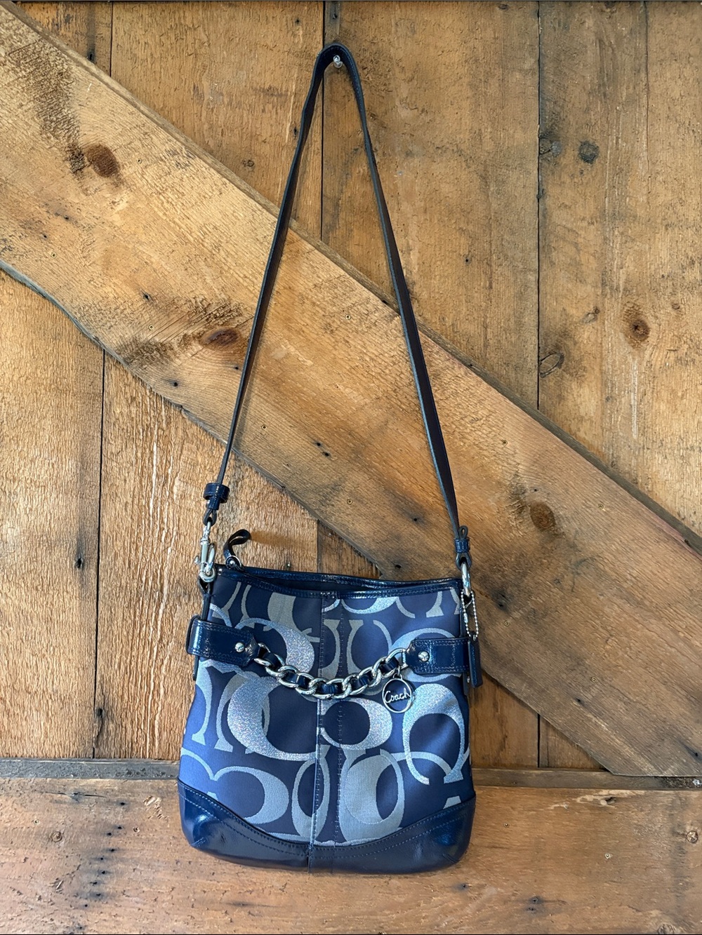 Coach Signature Jacquard Shoulder Crossbody Bag Navy Blue Gray Chain Y2K